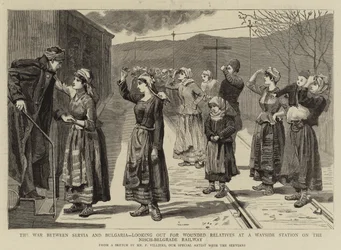 La guerre entre la Serbie et la Bulgarie, à la recherche de parents blessés à une station de chemin de fer sur la ligne Nisch-Belgrade